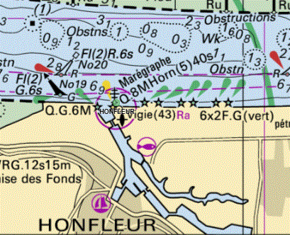 carte marine de la Seine à Honfleur indiquant le marégraphe