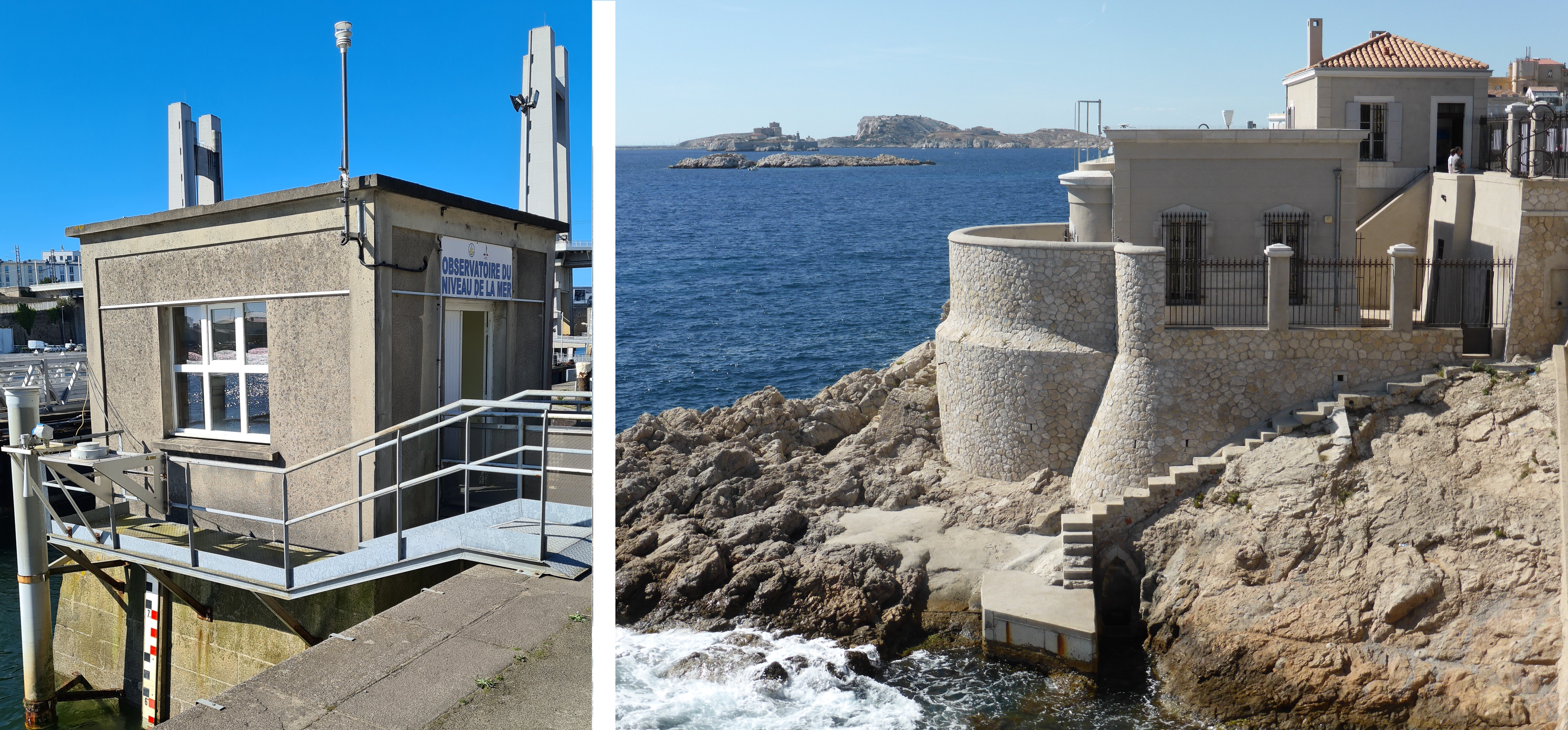 Observatoires marégraphiques de Brest (à gauche) et de Marseille (à droite). Crédits Shom.