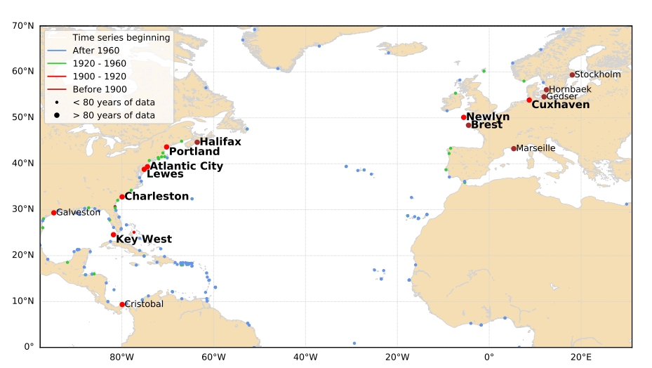 Tide gauges in the North Atlantic. Stations with time series starting before 1920 and longer than 80 years are labelled. Stations selected for this study are in bold