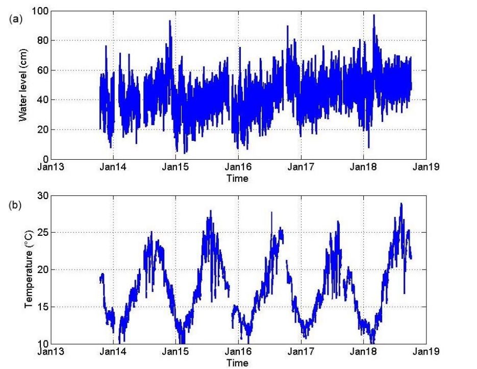 Example of data series: (a) water level, (b) water temperature, site of La  Seyne/Ifremer (IF).