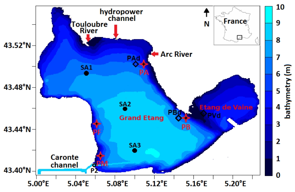 Etang de Berre and its tributaries (hydropower channel, Touloubre and Arc Rivers), and bathymetry. Black points correspond to three mooring stations, red stars - to four nearshore control points, black diamonds - to three sediment deposit points