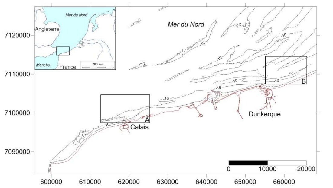 Présentation des bancs sableux dans la partie méridionale de la mer du Nord et localisation des sites étudiés (en noir isobathe -10m et en rouge le 0 bathymétrique).