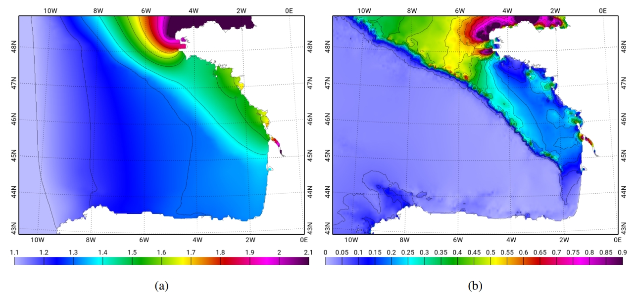 (a) M2 elevation (m), (b) M2 current (m/s), taken from the FES2012 tidal atlas