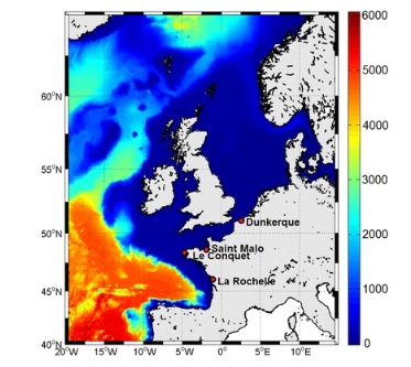 Bathymetry and extent of the MARS configuration with the locations of the gauges used for validation (red dots)