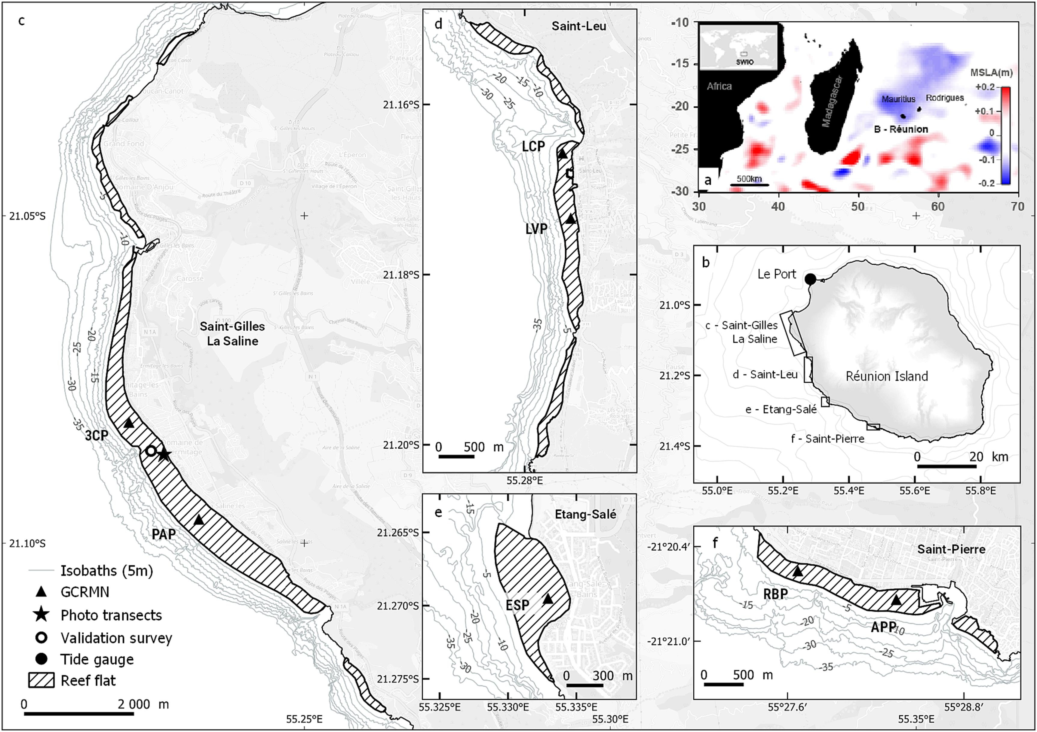 Location map of the study sites. a. Mean sea level anomalies (MSLA) in the South-West Indian Ocean aggregated from 25 May to 17 August 2015 (Source: AVISO satellite imagery). b-f. Location of the shallow reef flat sites in Reunion Island: Trois Chameaux Platier (3CP), Planche Alizés Platier (PAP), La Corne Platier (LCP), La Varangue Platier (LVP), Etang-Salé Platier (ESP), Ravine Blanche Platier (RBP) and Alizé Plage Platier (APP), and the location of the tide gauge in Le Port.