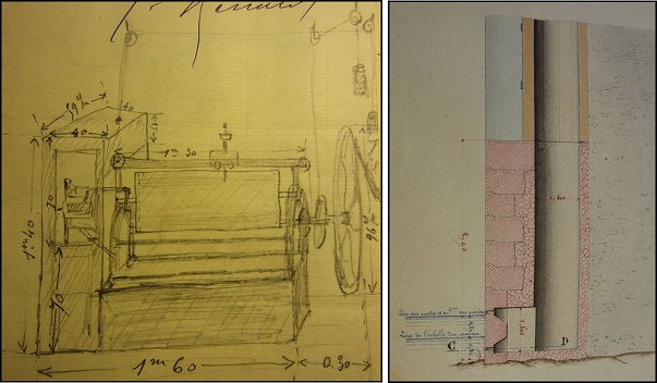 Exemples de documents renseignant sur les caractéristiques de l'Observatoire de marée de Saint-Nazaire. A gauche : Croquis du marégraphe Chazallon en place à Saint-Nazaire, fait par l'observateur de marée en 1906 (cote DD 2 – 1807, SHD Vincennes) ; A droite : Plan de la base du puits de tranquillisation pour le marégraphe de Saint-Nazaire sur lequel sont visibles les zéros hydro et de l'échelle de marée (1861, cote 4S333, Archives départementales de Loire Atlantique). Cliquer sur la figure pour l'agrandir
