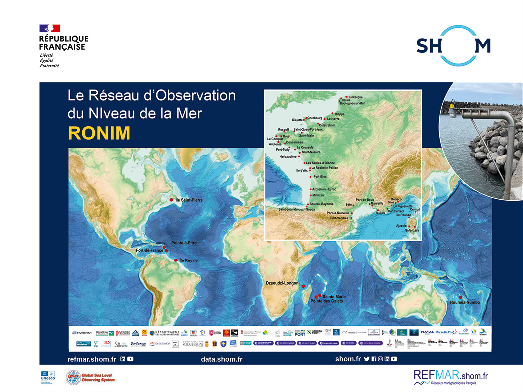 Cartographie mondiale de l'implantation des marégraphes du réseau RONIM avec un zoom sur l'Hexagone + Corse