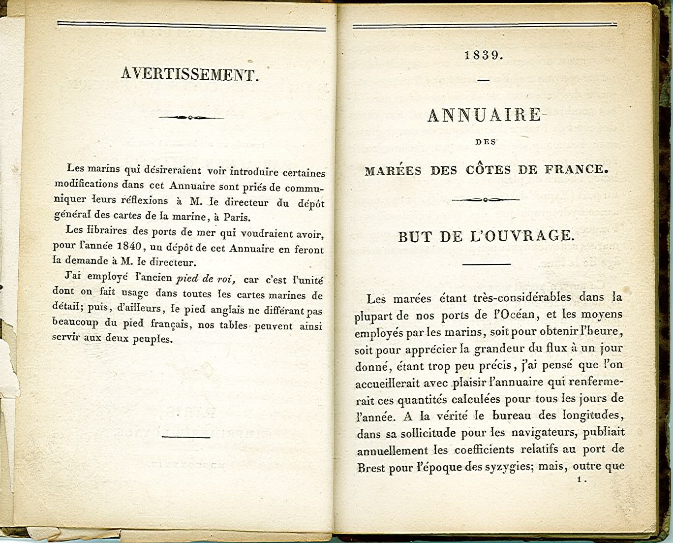 Extrait du premier annuaire des marées des côtes française