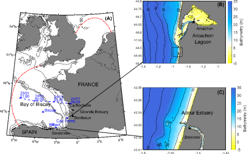 (A) Bathymetric map and extension of the computational domain (red dashdotted line), the storm track (blue dashed line and crosses) and the wave buoys (blue triangles) used in this study. (B) and (C) Detailed bathymetry of the studied areas with location of the tide gauges (black stars). The black box in (B) corresponds to the adjacent beach where the sensitivity of storm surge and wave setup predictions to the grid resolution is analysed.