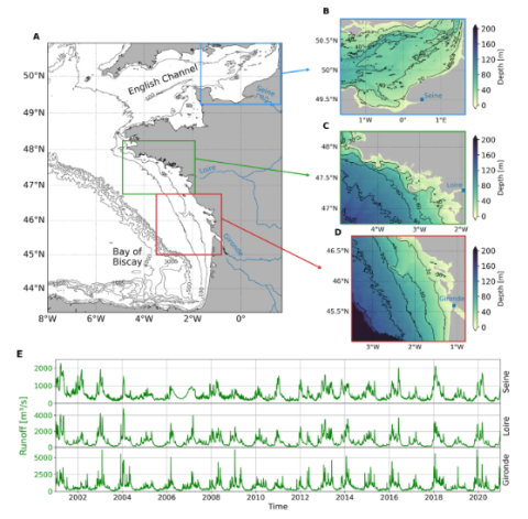 Fig. 1. Bathymetry of the Bay of Biscay and the English Channel in numerical simulation (A) and the three regions under the influence of the Seine (B), the Loire (C) and the Gironde (D) rivers. Runoff discharge of the three rivers from 2001 to 2020 (E).
