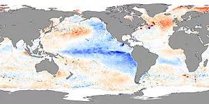mapemonde avec les anomalies de températures allant de bleu à rouge