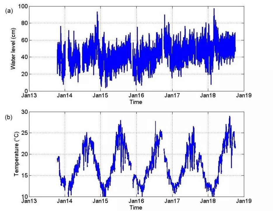 Example of data series: (a) water level, (b) water temperature, site of La  Seyne/Ifremer (IF).