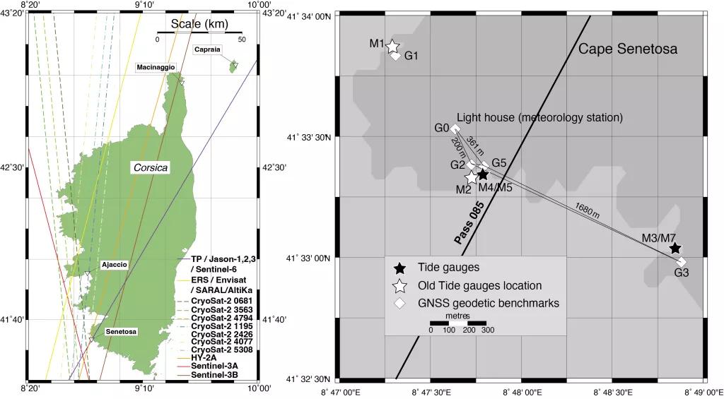 Localisation de l'observatoire marégraphique de Senetosa avec ses 4 capteurs de pression et les traces des missions altimétriques passant à proximité
